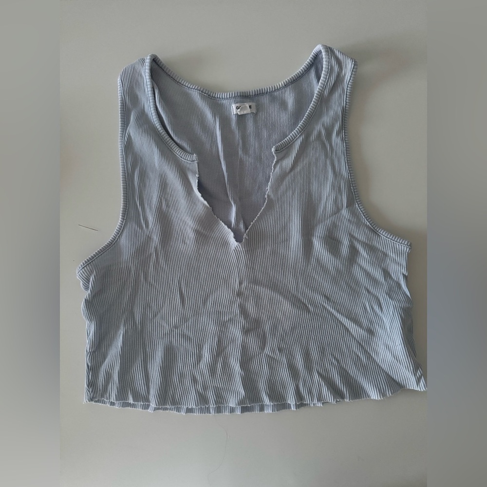 GARAGE VNECK CUT OUT CROPPED RIBBED BLUE TANK TOP HALTER IN SIZE MEDIUM - Picture 1 of 4
